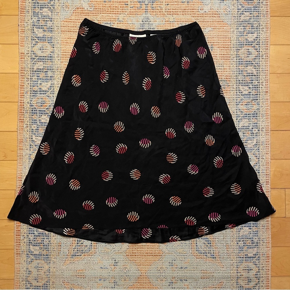 Vintage Amanda Smith Black Patterned Abstract Flowy Midi Skirt Size Medium Silk